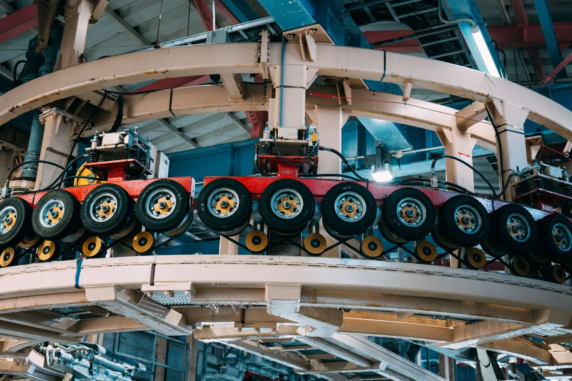 Overhead roller conveyor in a factory, flow mechanics